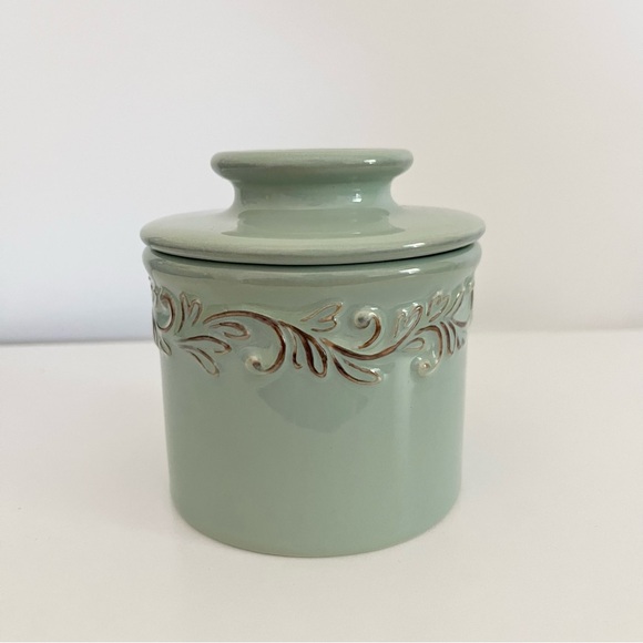 Butter Bell Crock Sea Spray Antique Green w Vining Details Ceramic French Keeper - Picture 5 of 8